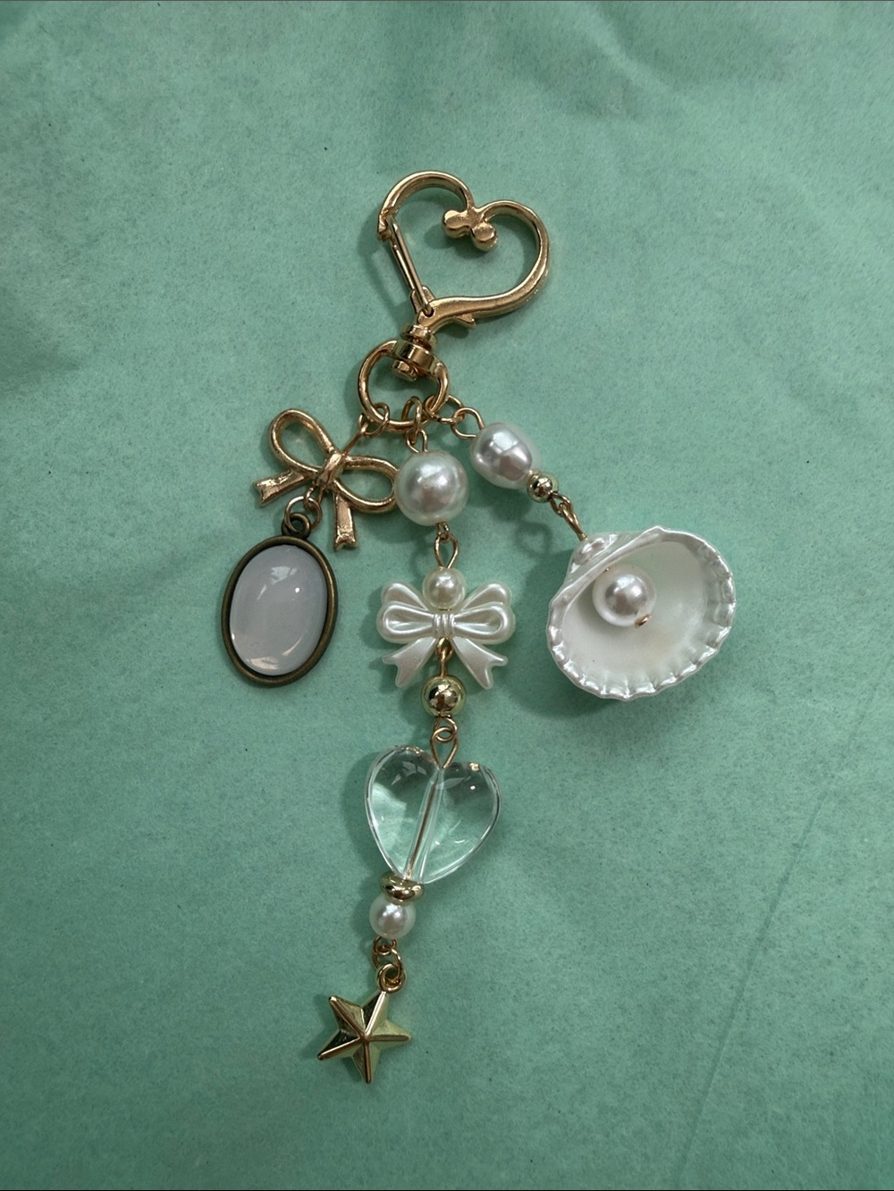 Gold-Tone Pearl & Heart Charm Keychain - White Accents